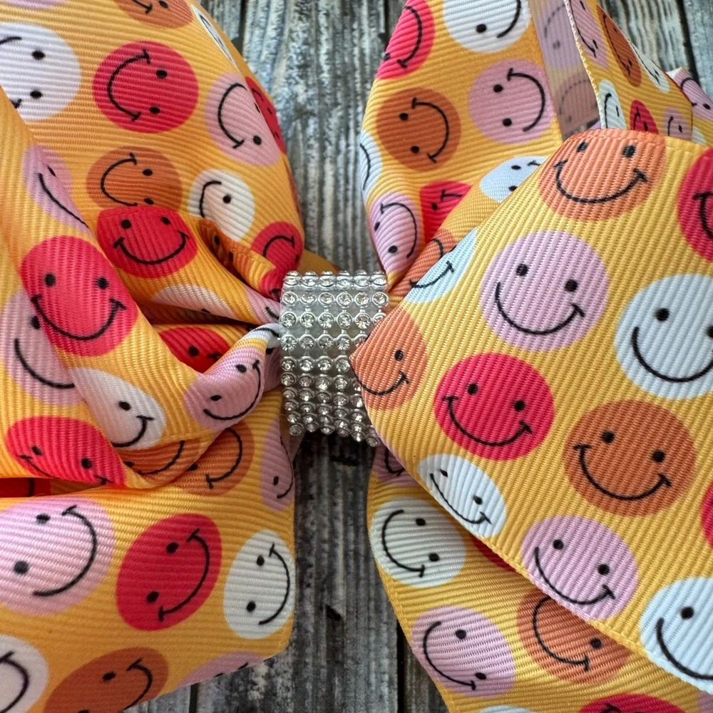 Smiley Face Kids Hair Bow - Orange and Pink